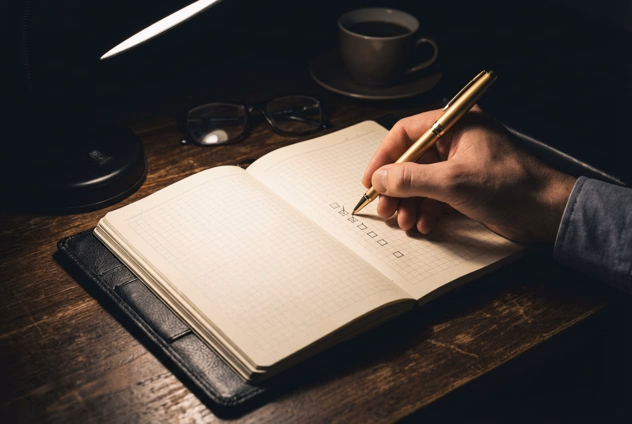 Close up of a hand writing in a leather notebook with a gold pen tracking weekly progress