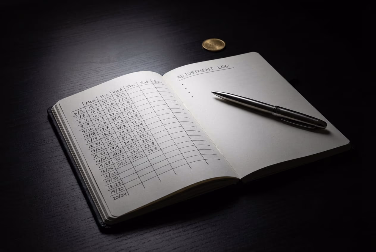 Open leather notebook with a pen on a dark desk representing tracking weight loss data and adjustments