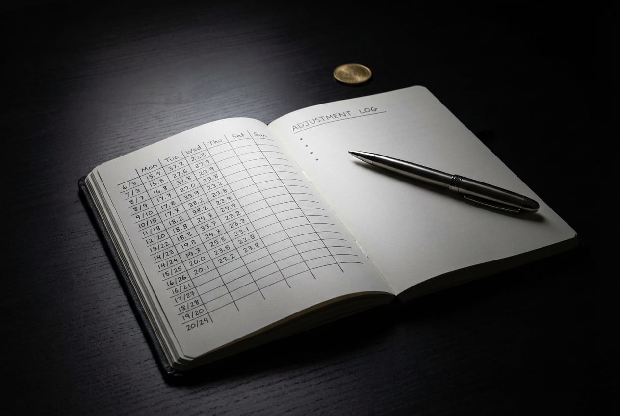 Open leather notebook with a pen on a dark desk representing tracking weight loss data and adjustments