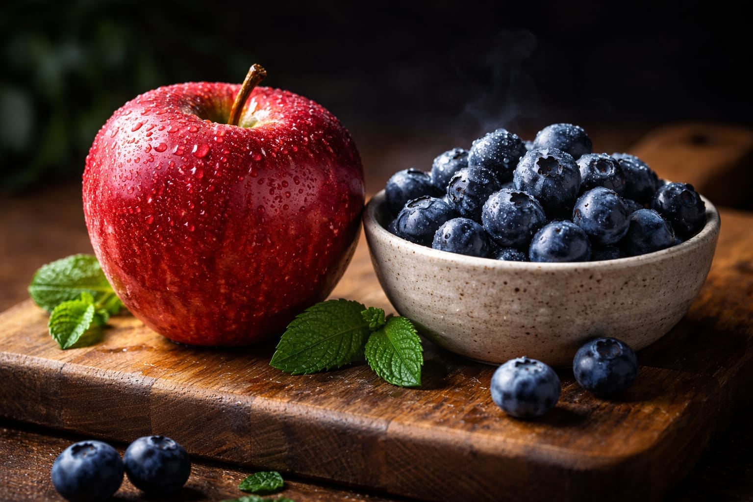 Fresh whole apple and berries representing the whole fruit rule when making meals