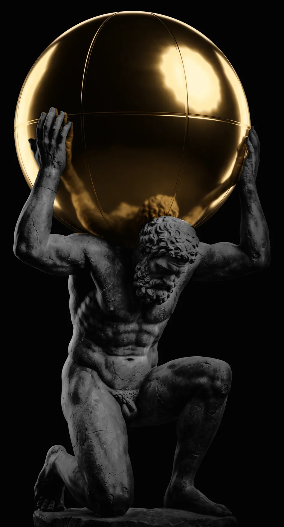 A kneeling marble Atlas bears a polished gold sphere on his shoulders, his head bowed under its weight.