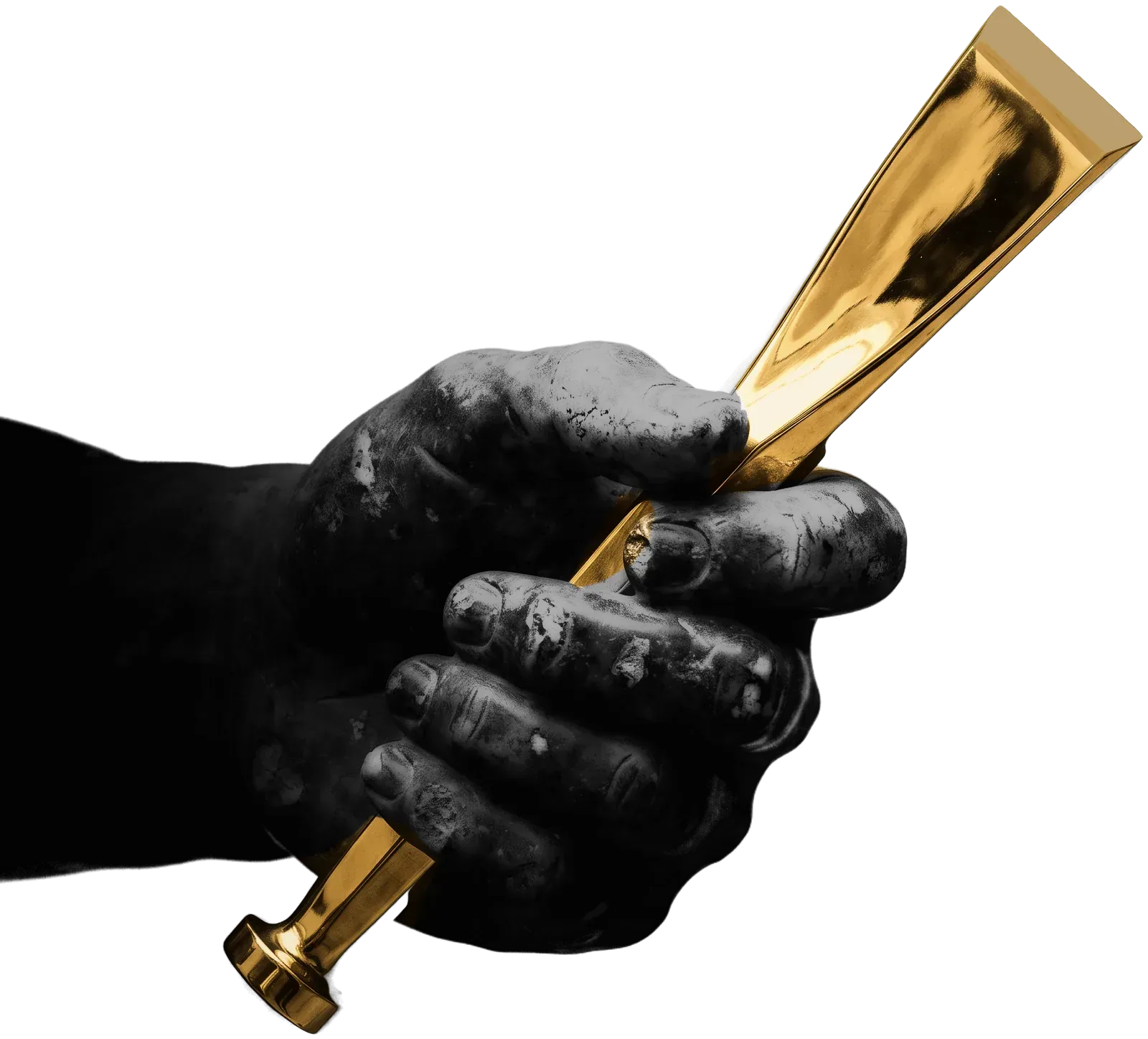 A colossal stone hand holding a polished gold chisel, its edge raised.