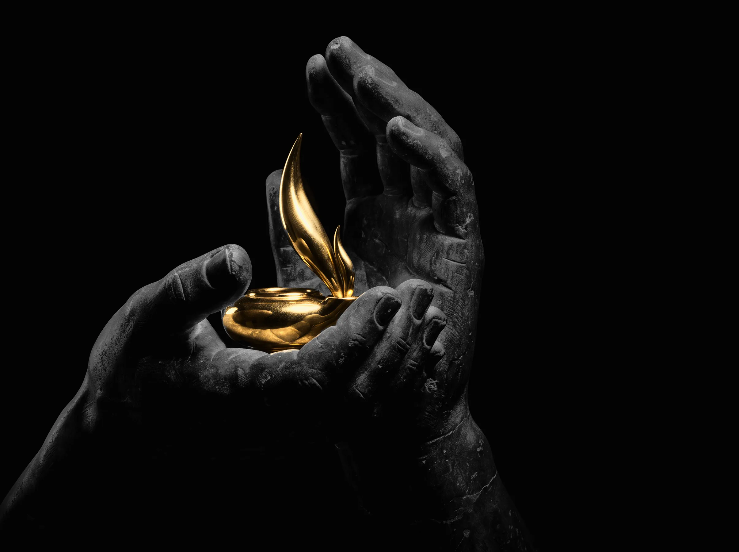 Two hands of a colossal stone statue, cupped together; between them a small oil lamp and its flame, both of polished gold.