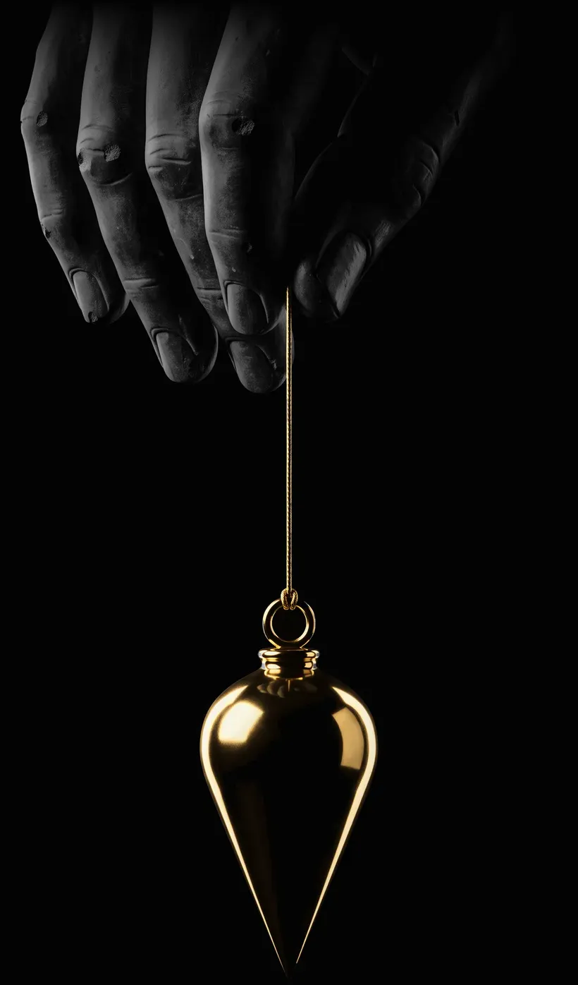 The fingers of a colossal dark stone hand pinch a gold cord; from it a polished gold plumb bob hangs perfectly still, its point aimed straight down.