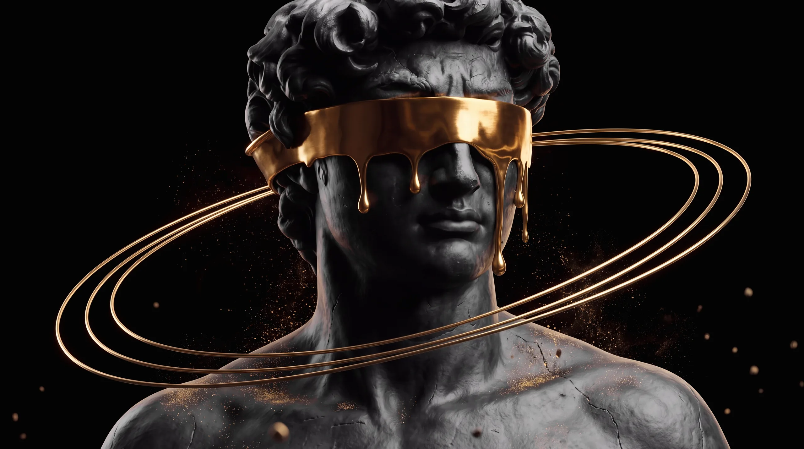 A bust in dark marble after Michelangelo’s David. A band of polished gold covers the eyes and is melting: thick drips of gold run down the cheeks and the nose. Thin gold rings orbit the shoulders and a small gold sphere floats beside the head.