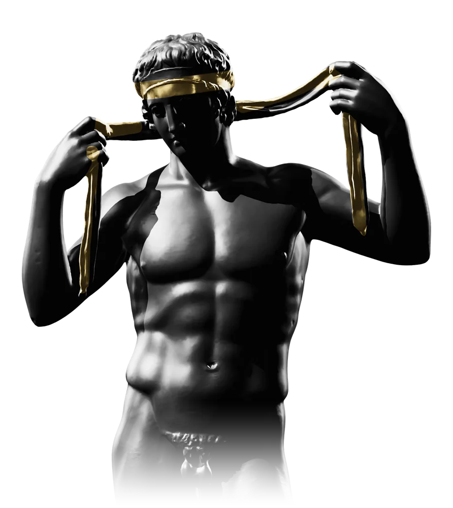 A marble athlete binding the victor’s fillet round his head, the fillet in gold.